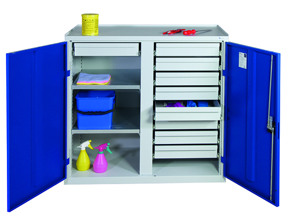 Werkzeugschrank mit 2 Abteilen, Höhe 100 cm, 9 Schubladen, 2 Fachböden, lichtgrau / enzianblau