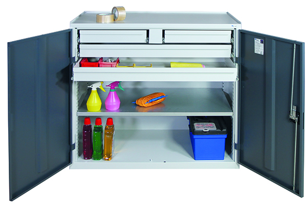 Werkzeugschrank, Höhe 100 cm, 2 Schubladen und 2 Großraumschubladen, 1 Fachboden, lichtgrau / anthrazitgrau