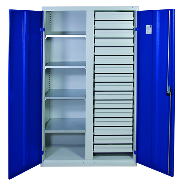Werkzeugschrank Serie 2000, mit Mitteltrennwand, lichtgrau/blau