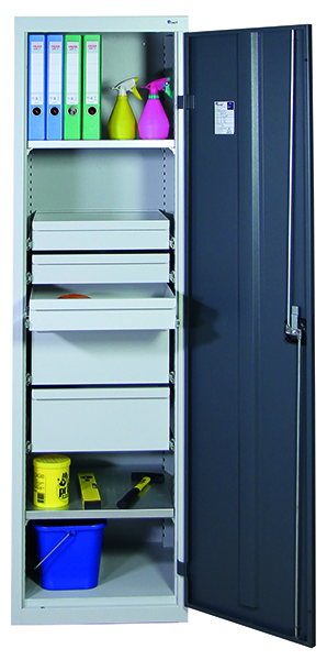 Werkzeugschrank-Säule, Höhe 180 cm, 3 Schubladen, 2 hohe Schubladen, 2 Fachböden, lichtgrau / anthrazit