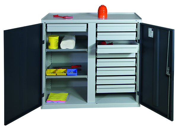 Werkzeugschrank mit 2 Abteilen, Höhe 100 cm, 9 Schubladen, 2 Fachböden, lichtgrau / anthrazitgrau