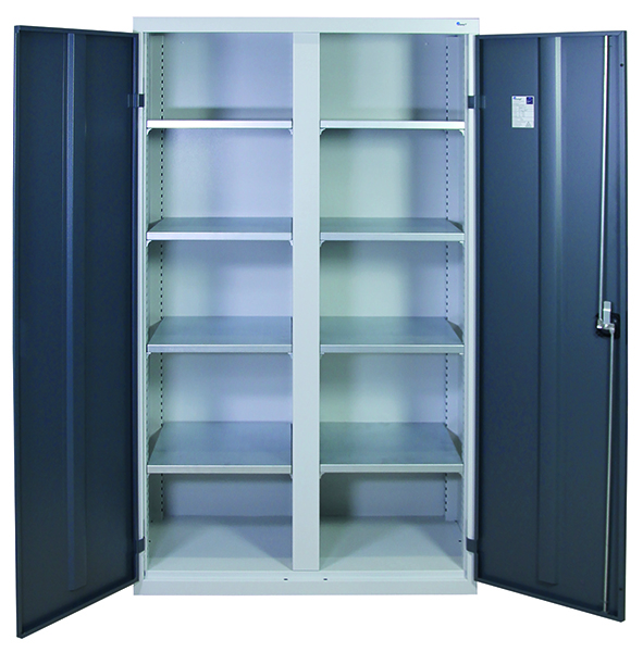 Werkzeugschrank, Höhe 180 cm, mit 2 Abteilen, 8 Fachböden, lichtgrau / anthrazitgrau
