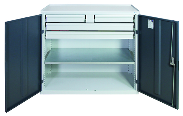 Werkzeugschrank, Höhe 100 cm, 2 Schubladen und 2 Großraumschubladen, 1 Fachboden, lichtgrau / anthrazitgrau