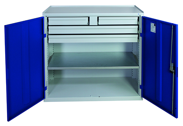 Werkzeugschrank, Höhe 100 cm, 2 Schubladen und 2 Großraumschubladen, 1 Fachboden,  lichtgrau / enzia
