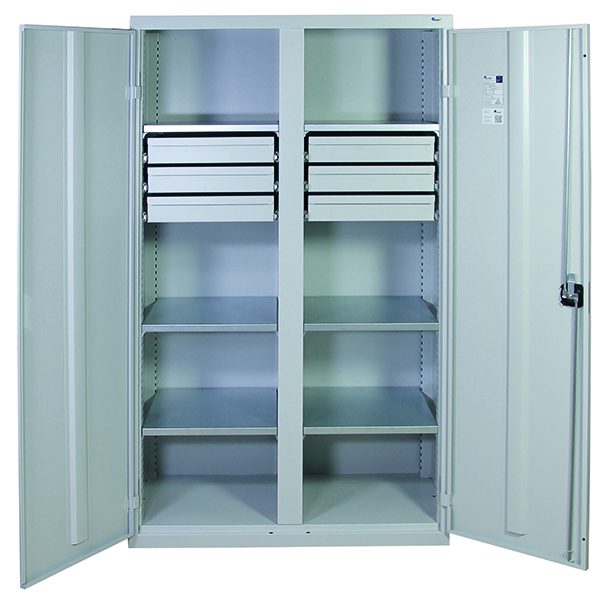 Werkzeugschrank mit 2 Abteilen, Höhe 180 cm, 6 Fachböden, 6 Schubladen, lichtgrau