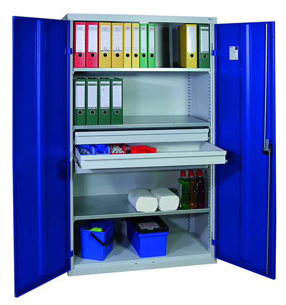 Werkzeugschrank, Höhe 180 cm, 3 Fachböden, 3 Großraumschubladen, lichtgrau / enzianblau