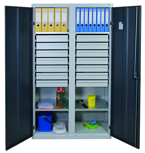 Werkzeugschrank mit 2 Abteilen, Höhe 180 cm, 4 Fachböden, 14 Schubladen, lichtgrau / anthrazitgrau