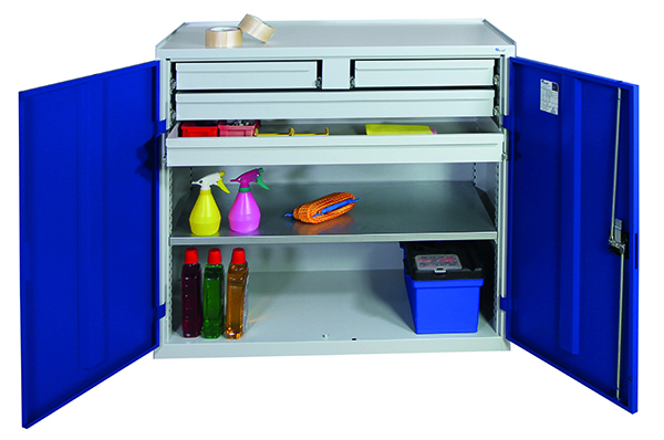 Werkzeugschrank, Höhe 100 cm, 2 Schubladen und 2 Großraumschubladen, 1 Fachboden,  lichtgrau / enzia