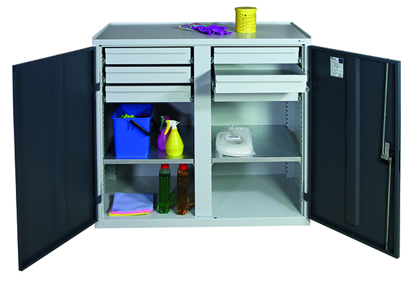 Werkzeugschrank mit 2 Abteilen, Höhe 100 cm, 6 Schubladen, 2 Fachböden, lichtgrau / anthrazitgrau