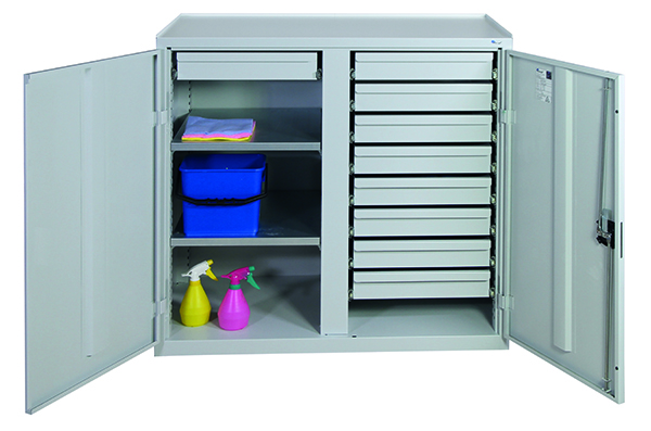 Werkzeugschrank mit 2 Abteilen, Höhe 100 cm, 9 Schubladen, 2 Fachböden, lichtgrau