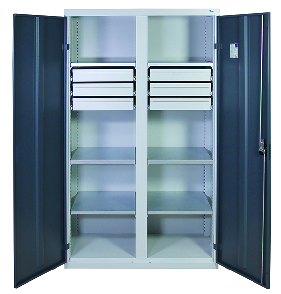 Werkzeugschrank mit 2 Abteilen, Höhe 180 cm, 6 Fachböden, 6 Schubladen, lichtgrau / anthrazitgrau