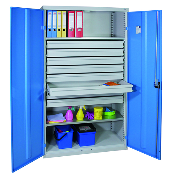 Werkzeugschrank, Höhe 180 cm, 2 Fachböden, 8 Großraumschubladen, lichtgrau / lichtblau