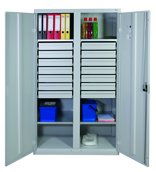 Werkzeugschrank mit 2 Abteilen, Höhe 180 cm, 4 Fachböden, 14 Schubladen, lichtgrau