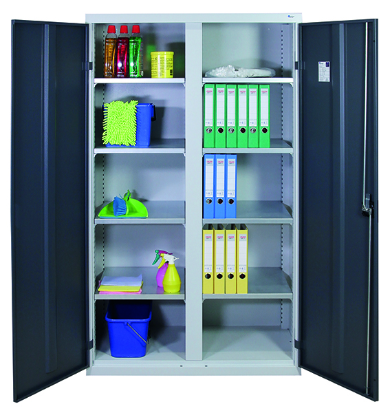 Werkzeugschrank, Höhe 180 cm, mit 2 Abteilen, 8 Fachböden, lichtgrau / anthrazitgrau