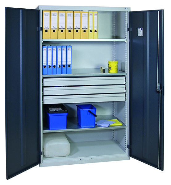 Werkzeugschrank, Höhe 180 cm, 3 Fachböden, 3 Großraumschubladen, lichtgrau / anthrazitgrau
