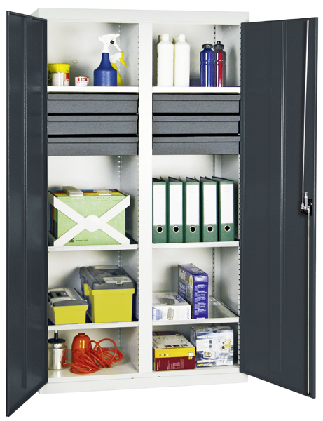 Werkzeugschrank, Höhe 180 cm, mit 2 Abteilen, 6 ausziehbare Wannenböden, 6 Schubladen, lichtgrau / a