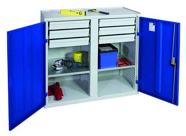 Werkzeugschrank Serie 2000, mit Mitteltrennwand, lichtgrau/blau