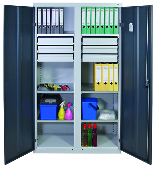 Werkzeugschrank mit 2 Abteilen, Höhe 180 cm, 6 Fachböden, 6 Schubladen, lichtgrau / anthrazitgrau