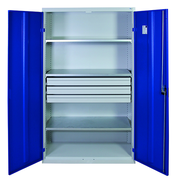 Werkzeugschrank, Höhe 180 cm, 3 Fachböden, 3 Großraumschubladen, lichtgrau / enzianblau