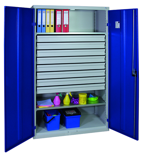 Werkzeugschrank, Höhe 180 cm, 2 Fachböden, 8 Großraumschubladen, lichtgrau / enzianblau