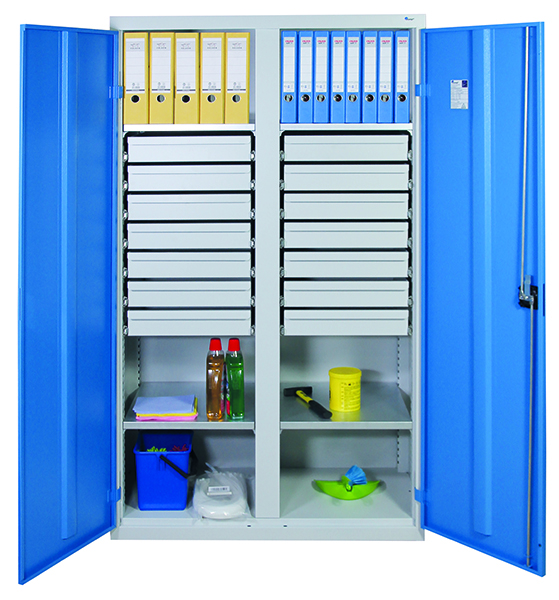 Werkzeugschrank mit 2 Abteilen, Höhe 180 cm, 4 Fachböden, 14 Schubladen, lichtgrau / lichtblau