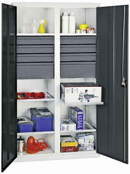 Werkzeugschrank, Höhe 180 cm, mit 2 Abteilen, 6 ausziehbare Wannenböden, 6 Schubladen, 2 hohe Schubl