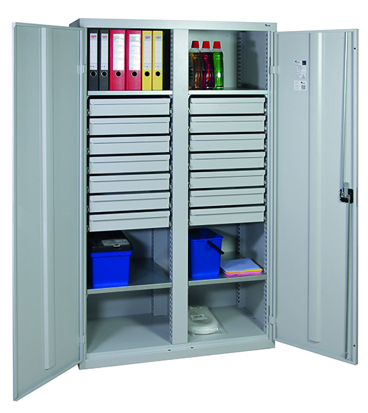 Werkzeugschrank mit 2 Abteilen, Höhe 180 cm, 4 Fachböden, 14 Schubladen, lichtgrau