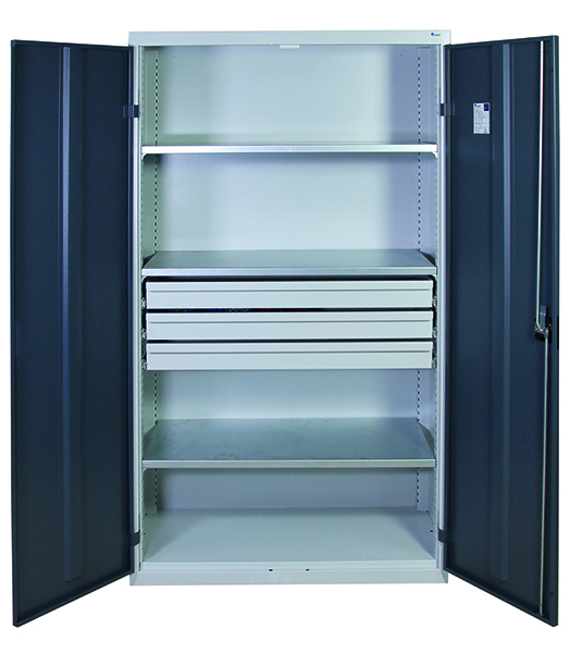 Werkzeugschrank, Höhe 180 cm, 3 Fachböden, 3 Großraumschubladen, lichtgrau / anthrazitgrau