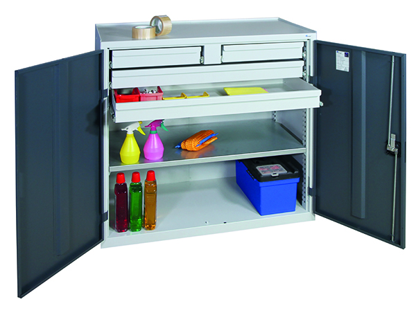 Werkzeugschrank, Höhe 100 cm, 2 Schubladen und 2 Großraumschubladen, 1 Fachboden, lichtgrau / anthrazitgrau