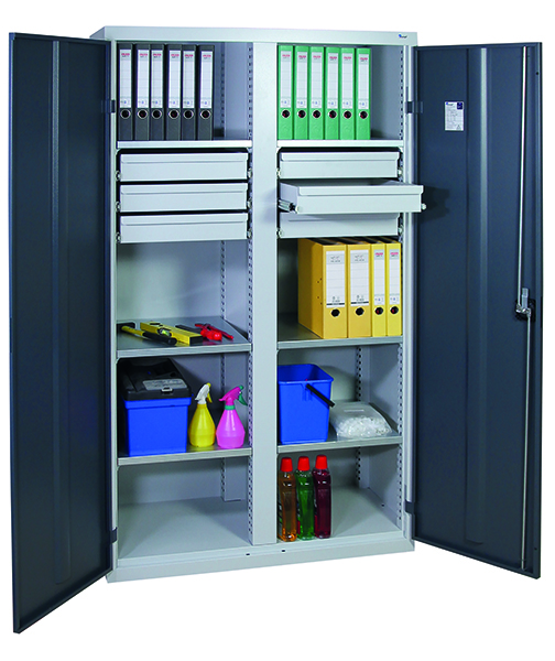 Werkzeugschrank mit 2 Abteilen, Höhe 180 cm, 6 Fachböden, 6 Schubladen, lichtgrau / anthrazitgrau