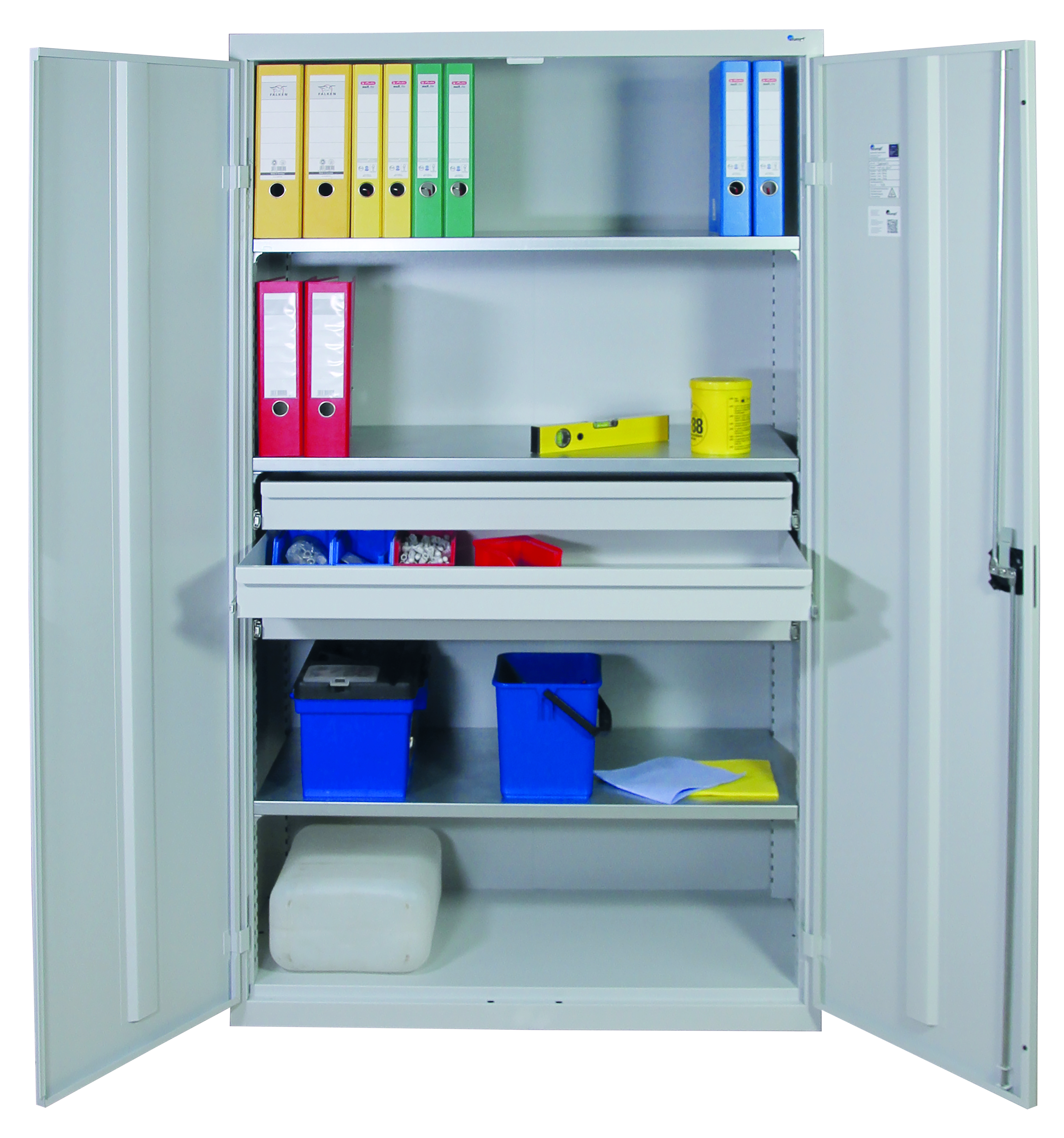 Werkzeugschrank, Höhe 180 cm, 3 Fachböden, 3 Großraumschubladen, lichtgrau