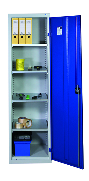 Werkzeugschrank-Säule, Höhe 180 cm, 4 Fachböden, lichtgrau / enzianblau