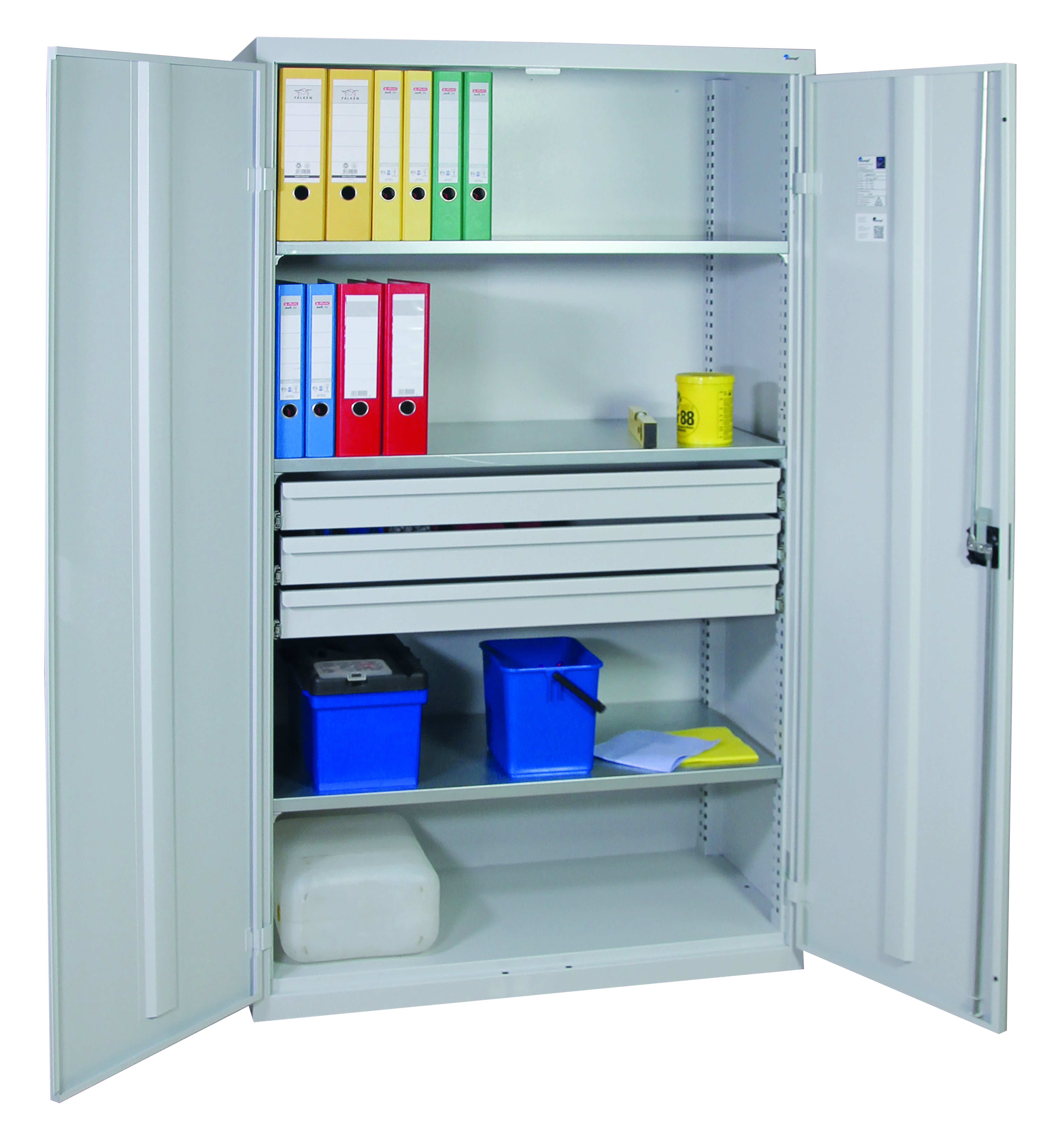 Werkzeugschrank, Höhe 180 cm, 3 Fachböden, 3 Großraumschubladen, lichtgrau