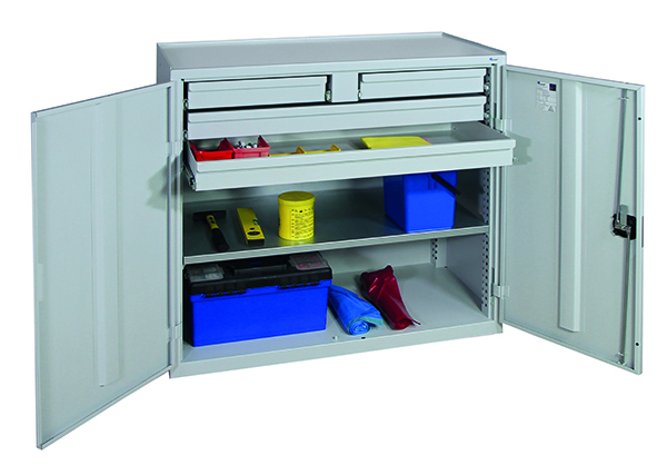 Werkzeugschrank, Höhe 100 cm, 2 Schubladen und 2 Großraumschubladen, 1 Fachboden, lichtgrau