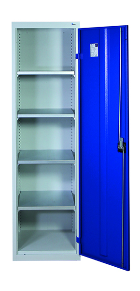 Werkzeugschrank-Säule, Höhe 180 cm, 4 Fachböden, lichtgrau / enzianblau