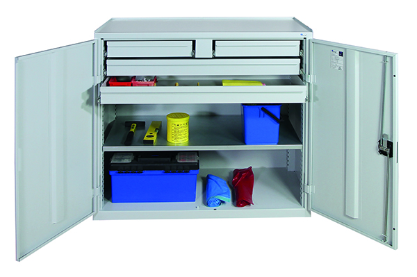 Werkzeugschrank, Höhe 100 cm, 2 Schubladen und 2 Großraumschubladen, 1 Fachboden, lichtgrau