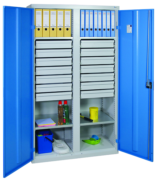 Werkzeugschrank mit 2 Abteilen, Höhe 180 cm, 4 Fachböden, 14 Schubladen, lichtgrau / lichtblau