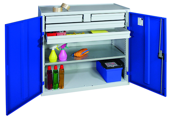 Werkzeugschrank, Höhe 100 cm, 2 Schubladen und 2 Großraumschubladen, 1 Fachboden,  lichtgrau / enzia