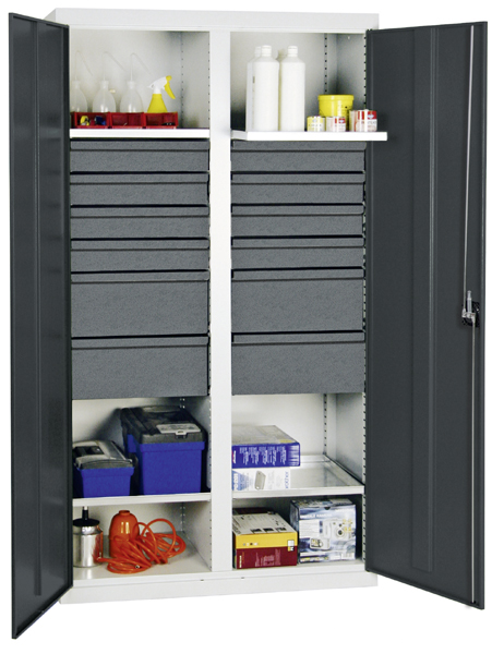 Werkzeugschrank, Höhe 180 cm, mit 2 Abteilen, 4 ausziehbare Wannenböden, 8 Schubladen, 4 hohe Schubl