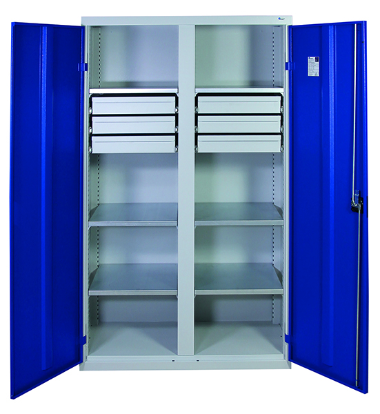 Werkzeugschrank mit 2 Abteilen, Höhe 180 cm, 6 Fachböden, 6 Schubladen, lichtgrau / enzianblau
