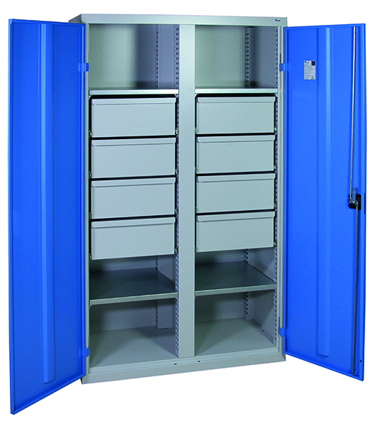 Werkzeugschrank, Höhe 180 cm, mit 2 Abteilen,  4 Fachböden, 8 hohe Schubladen, lichtgrau / lichtblau