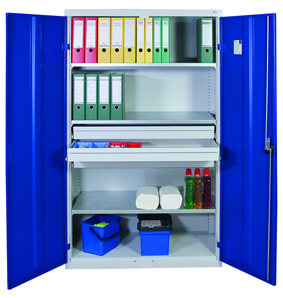 Werkzeugschrank, Höhe 180 cm, 3 Fachböden, 3 Großraumschubladen, lichtgrau / enzianblau