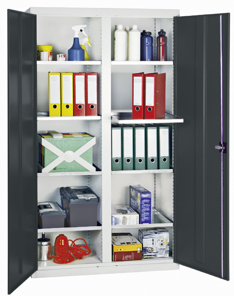 Werkzeugschrank, Höhe 180 cm, mit 2 Abteilen, 8 ausziehbare Wannenböden, lichtgrau / anthrazitgrau