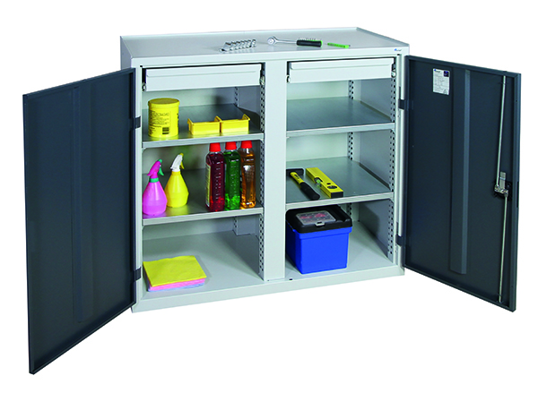 Werkzeugschrank mit 2 Abteilen, Höhe 100 cm, 2 Schubladen, 4 Fachböden, lichtgrau / anthrazitgrau