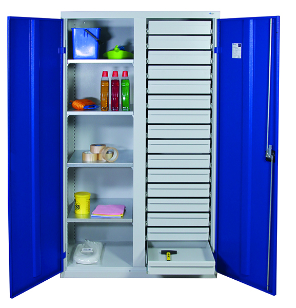 Werkzeugschrank Serie 2000, mit Mitteltrennwand, lichtgrau/blau