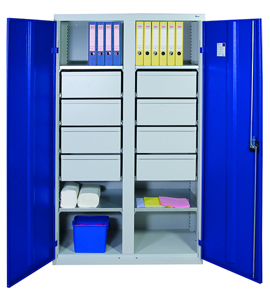 Werkzeugschrank, Höhe 180 cm, mit 2 Abteilen,  4 Fachböden, 8 hohe Schubladen, lichtgrau / enzianblau