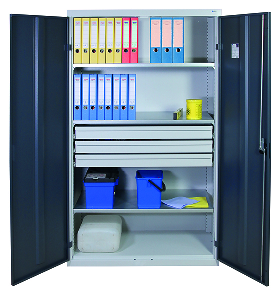 Werkzeugschrank, Höhe 180 cm, 3 Fachböden, 3 Großraumschubladen, lichtgrau / anthrazitgrau
