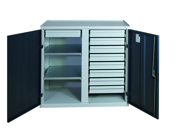 Werkzeugschrank mit 2 Abteilen, Höhe 100 cm, 9 Schubladen, 2 Fachböden, lichtgrau / anthrazitgrau