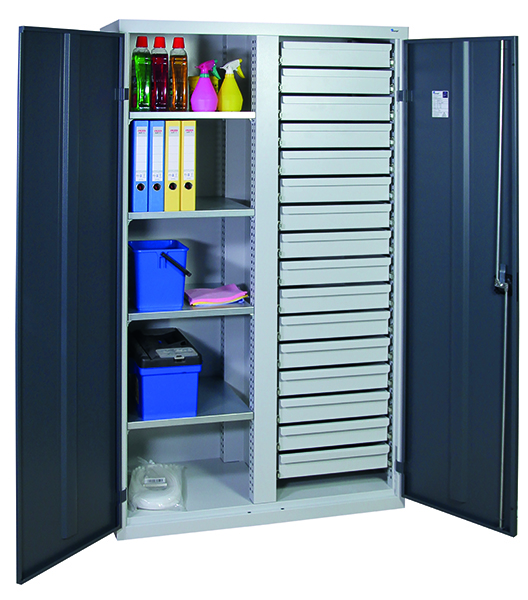 Werkzeugschrank, Höhe 180 cm, mit 2 Abteilen, 4 Fachböden, 16 Schubladen, lichtgrau / anthrazitgrau