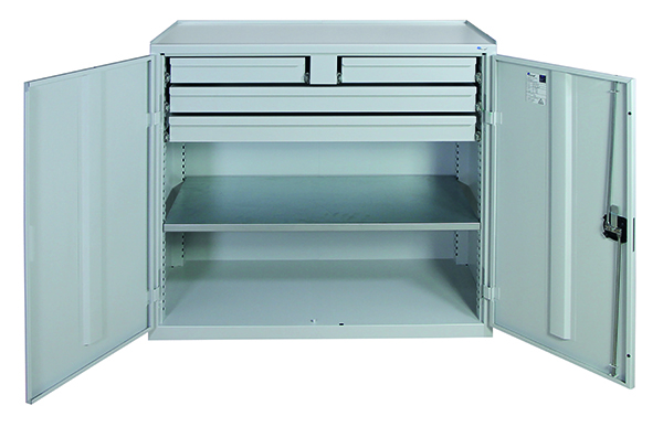 Werkzeugschrank, Höhe 100 cm, 2 Schubladen und 2 Großraumschubladen, 1 Fachboden, lichtgrau